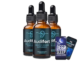 The seller's photo of three Audifort dropper bottles with the two e-books, the 3-bottle order at $69 per bottle