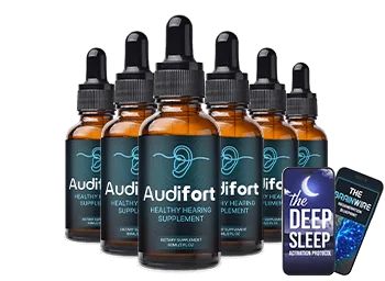 The seller's photo of six Audifort dropper bottles with the two e-books, the 6-bottle order at $49 per bottle