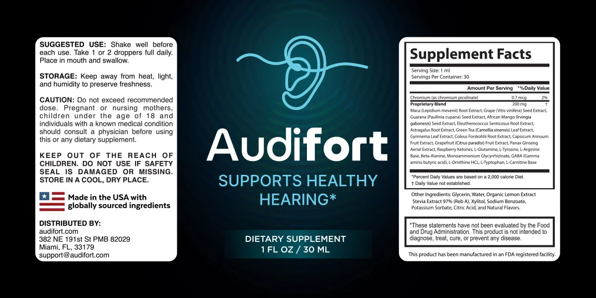 The Audifort bottle label: directions and caution, the line Supports Healthy Hearing, and the Supplement Facts panel